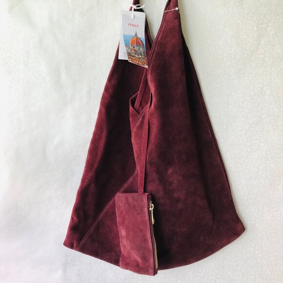 CHEVAL Firenze  Suede Genuine Leather Hobo Bag w Pouch   Wine  Made In Italy - Picture 5 of 11